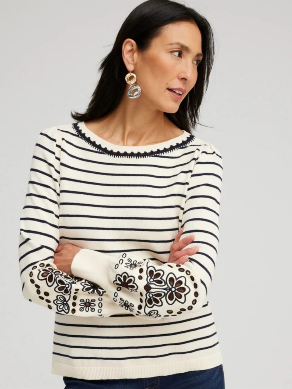 NWT Chico's Striped Crewneck Sweater with Floral Sleeve Embroidery - Cream/Navy